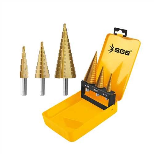 Coffret de 3 forets étagés HSS SGS (4–12, 4–20, 4–32 mm)